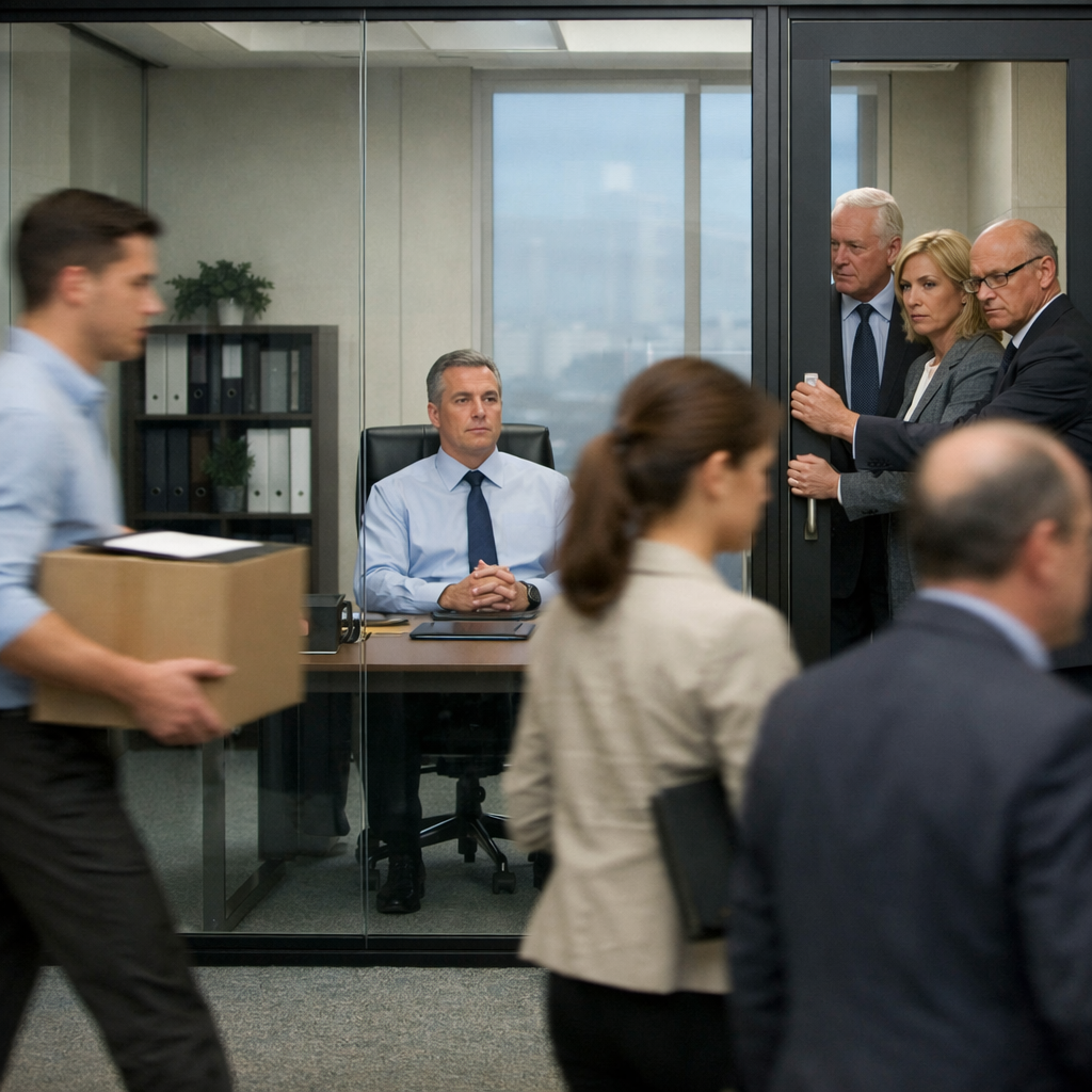 A calm manager sits inside a glass-walled office while several employees walk away carrying boxes and laptops. Near the office door, senior leaders stand in place, quietly protecting the manager as employees leave.